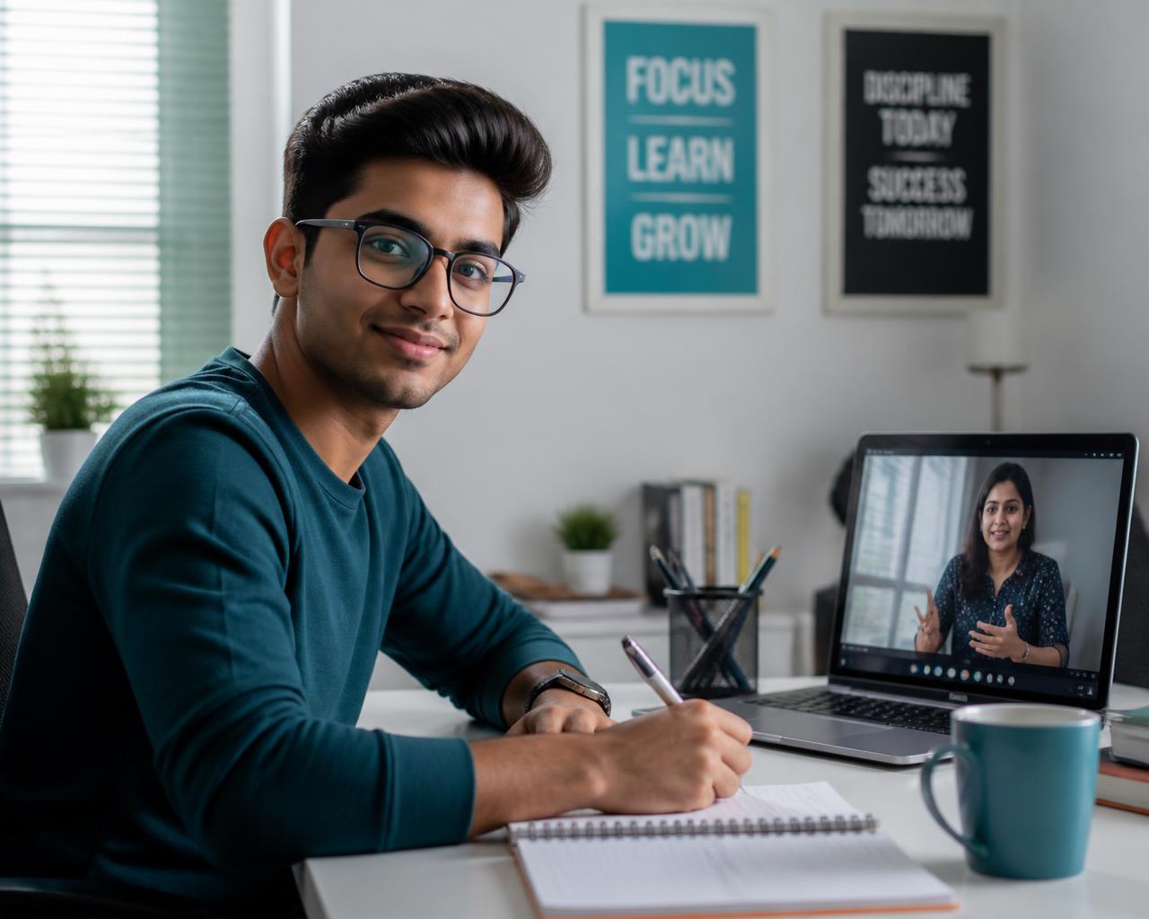 University student attending a live online tutoring class with a tutor on a laptop